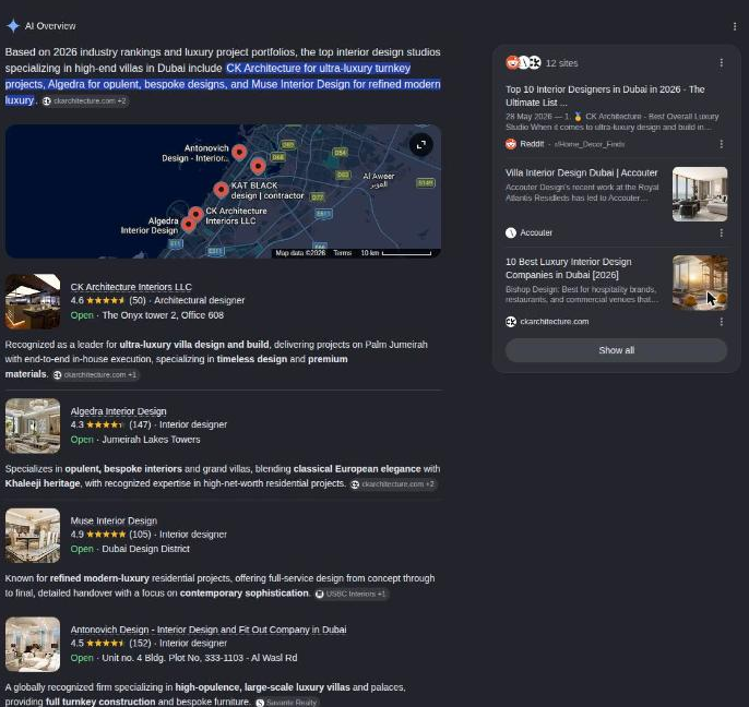 Google AI Overview and local results for "best interior design studio for luxury villas in dubai", with Antonovich Design shown on the map and in the business listings.